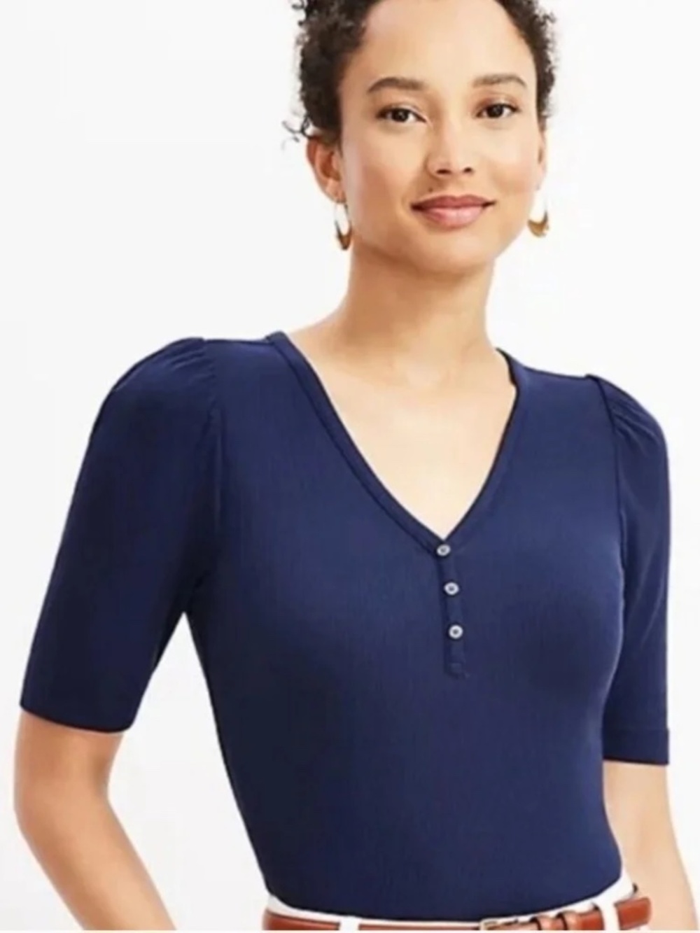 Loft Small/Medium Ribbed Henley Navy Tee Vneck